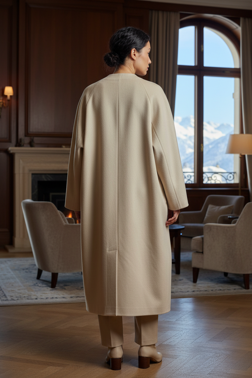 Native Swiss woman showing khaki oversized coat