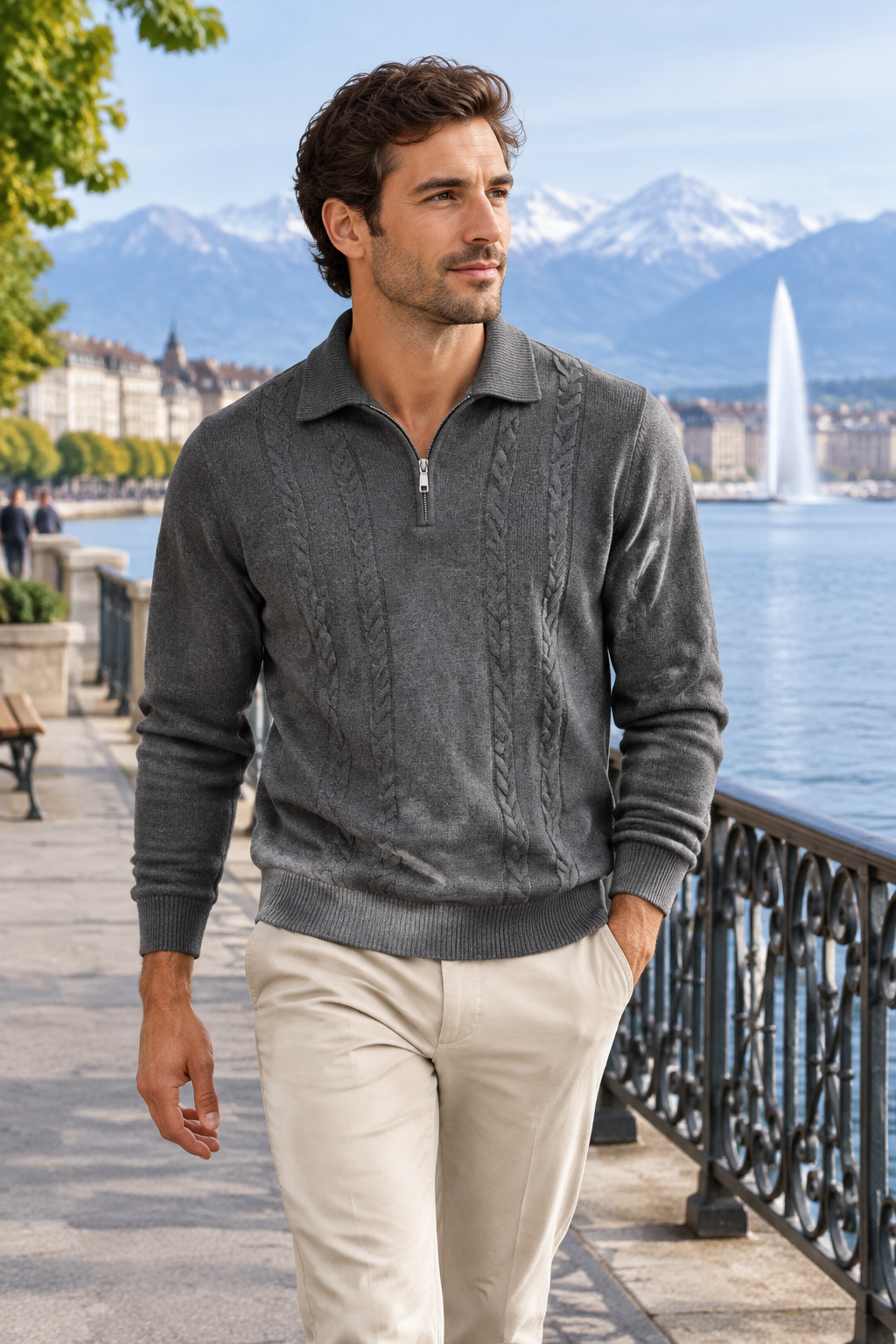 Herren-Strickpullover mit Zopfmuster und Reißverschlusskragen