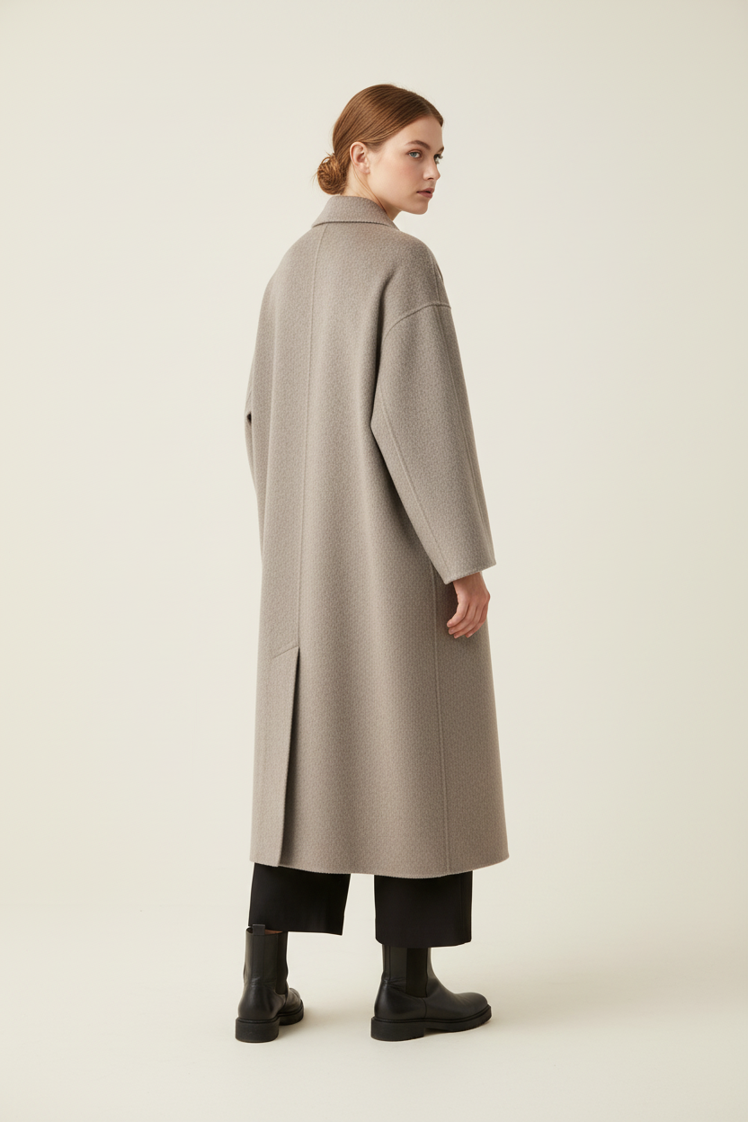 Swiss woman model showing the light taupe coffee wool blend double-breasted coat in a studio