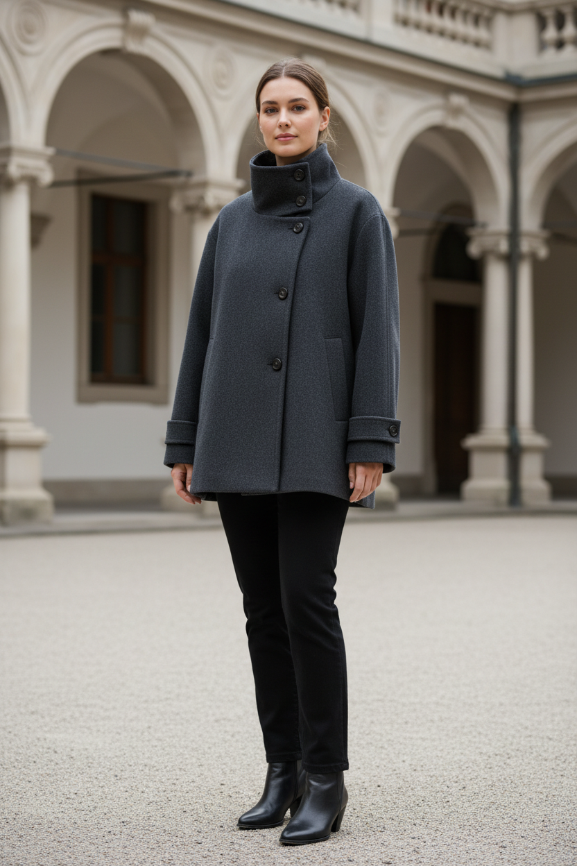 Swiss woman model wearing the dark gray high-collar short winter coat in a museum courtyard