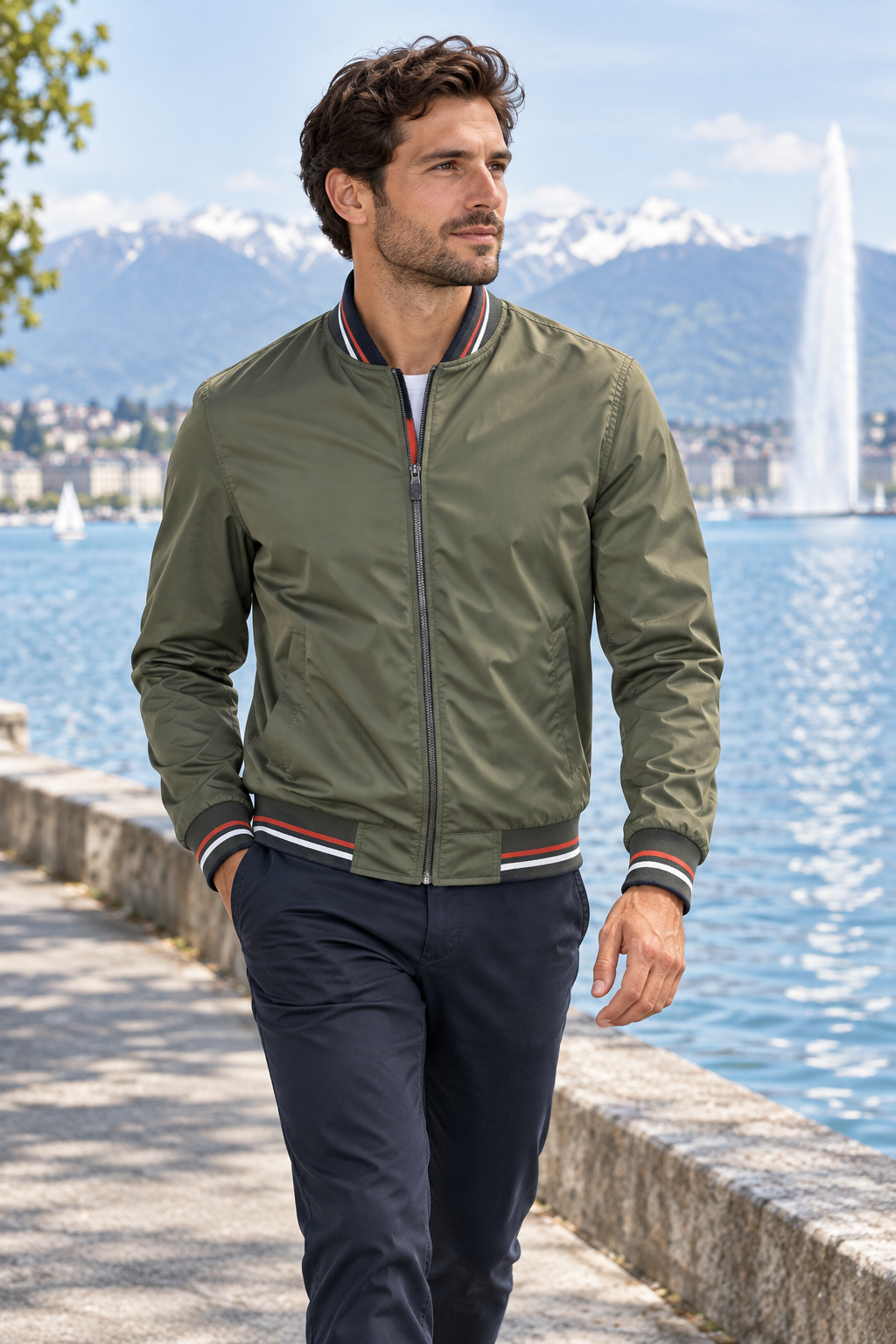 Men's Lightweight Striped-Trim Bomber Jacket