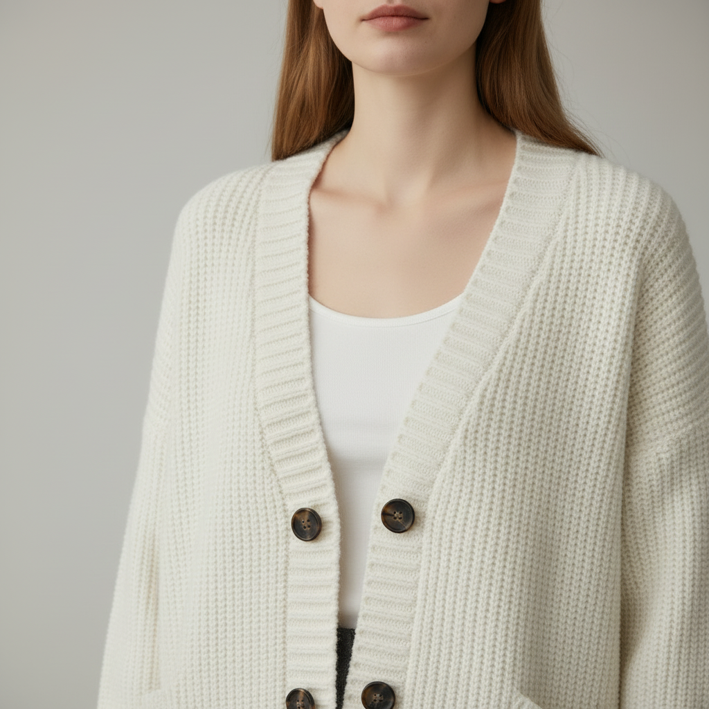 White loose knit cardigan sweater, close-up of knit texture and V-neckline