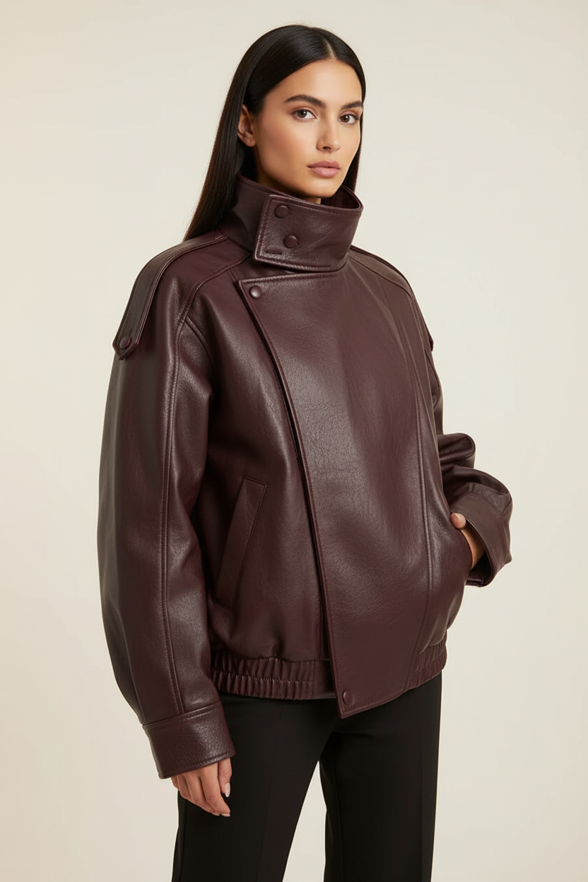 Burgundy faux leather stand-collar jacket front view