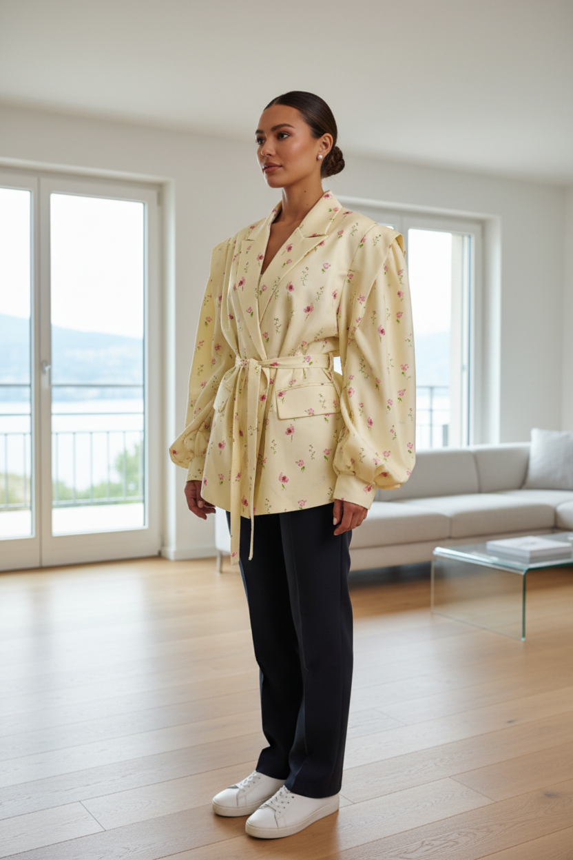Native Swiss woman wearing the floral print yellow oversized belted blazer in a Geneva apartment
