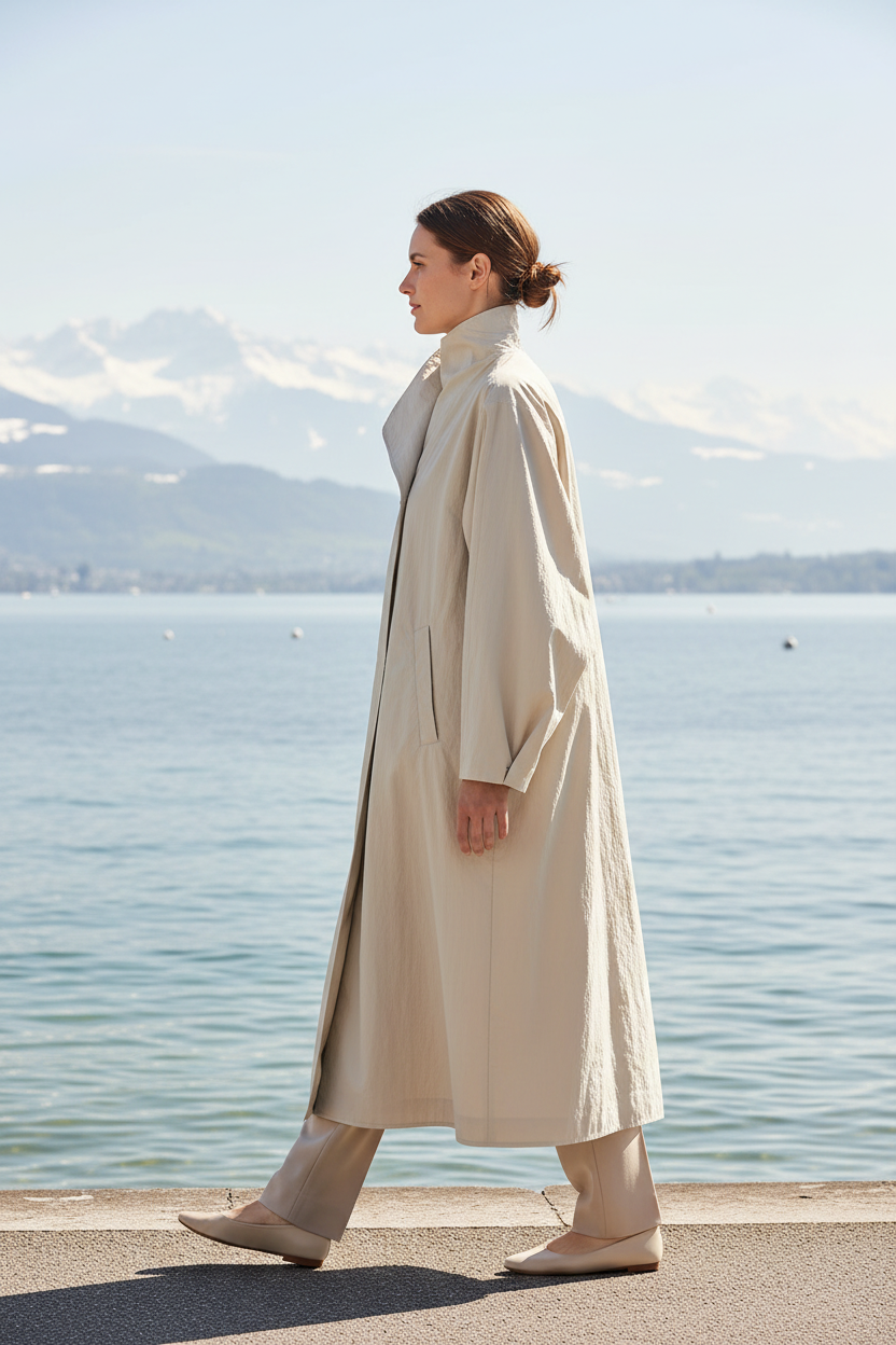 Swiss woman model wearing the pale cream-beige asymmetric convertible-collar coat by Lake Zurich