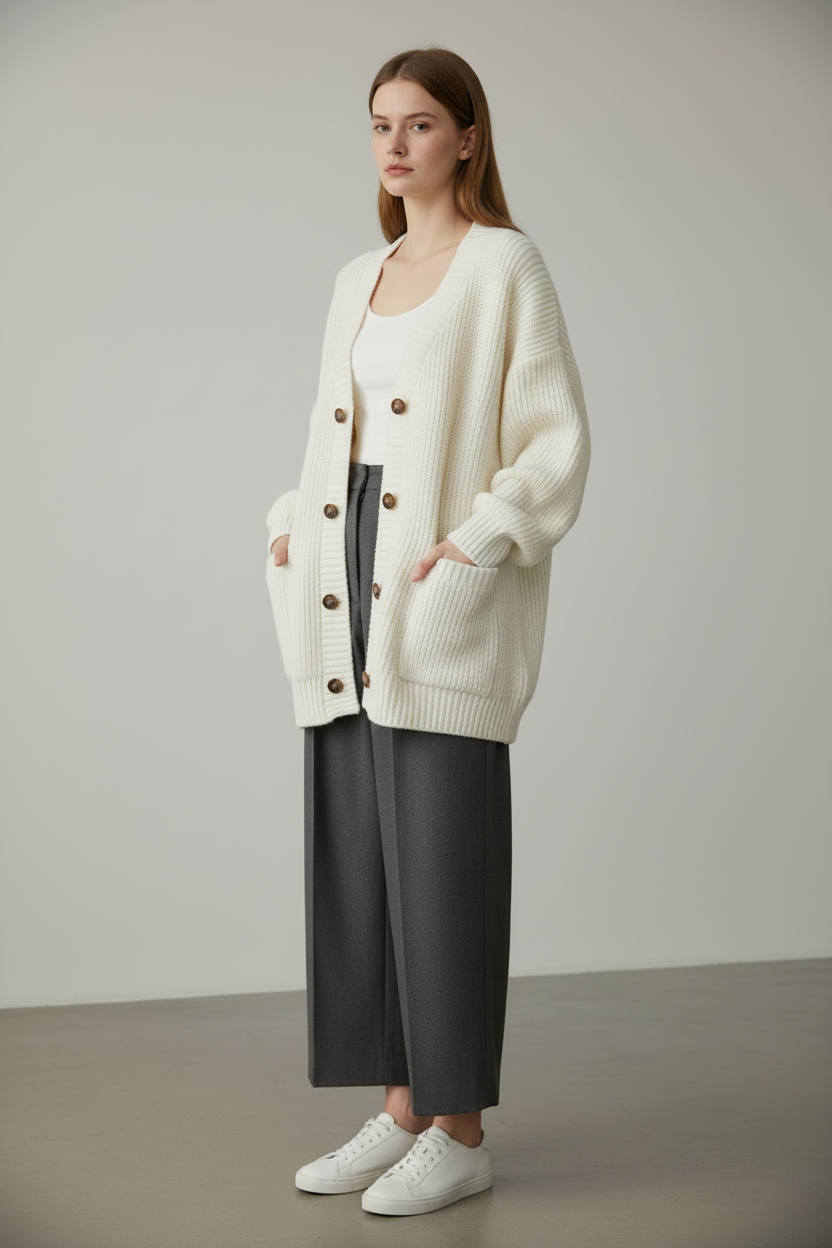 White loose knit cardigan sweater, full-body angled view on model