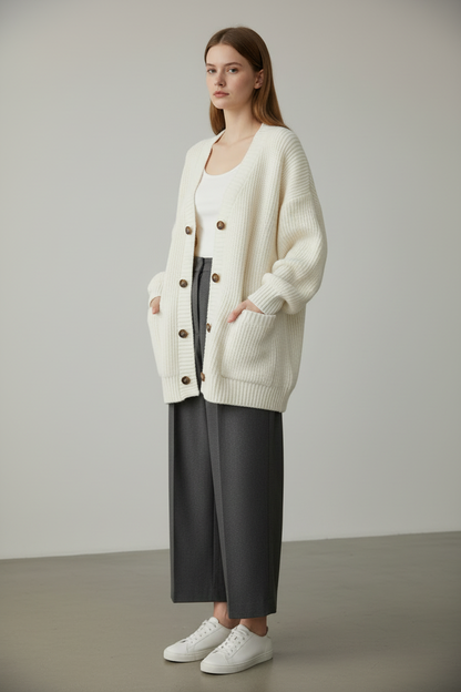White loose knit cardigan sweater, full-body angled view on model