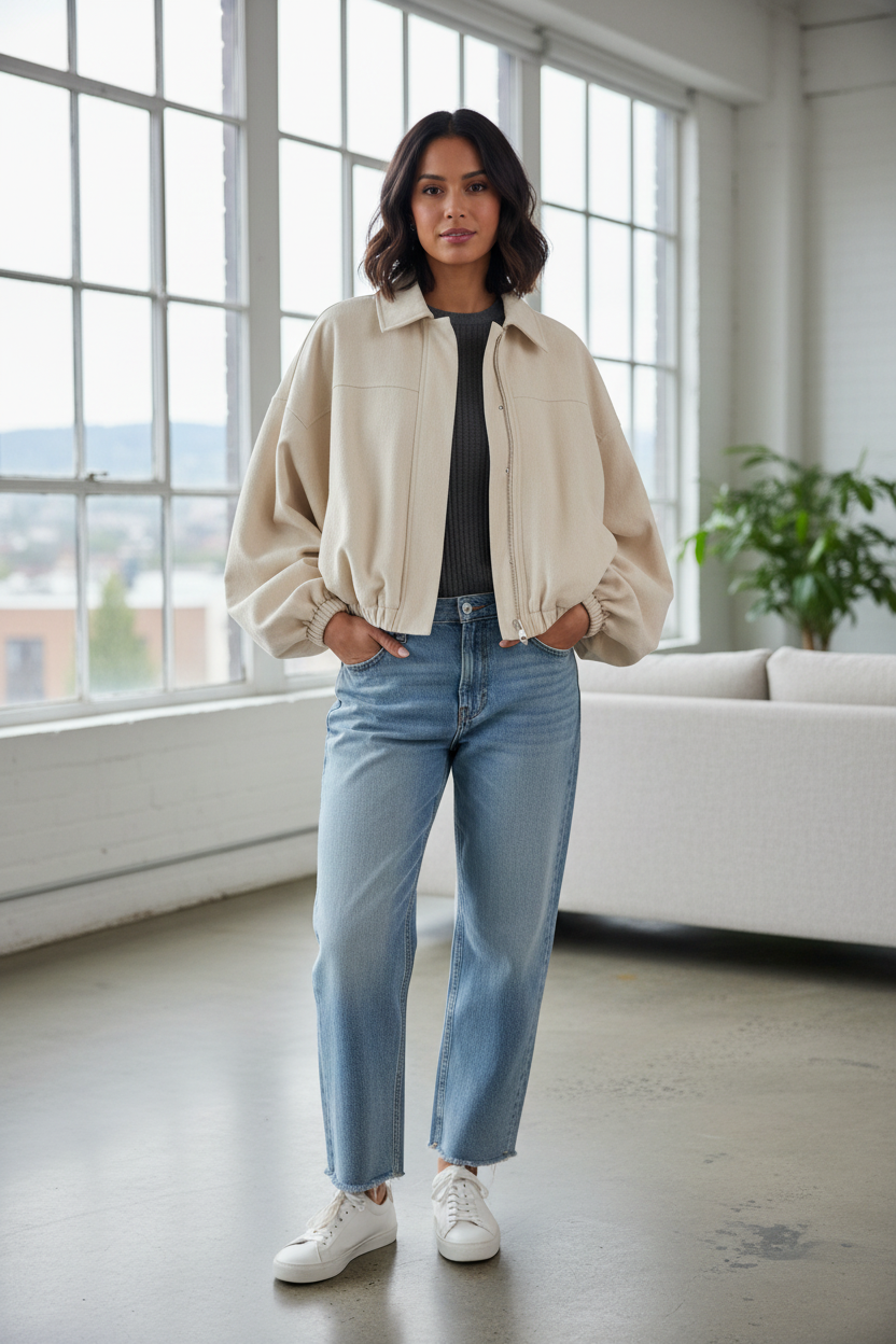 Native Swiss woman wearing the beige oversized jacket in Zurich