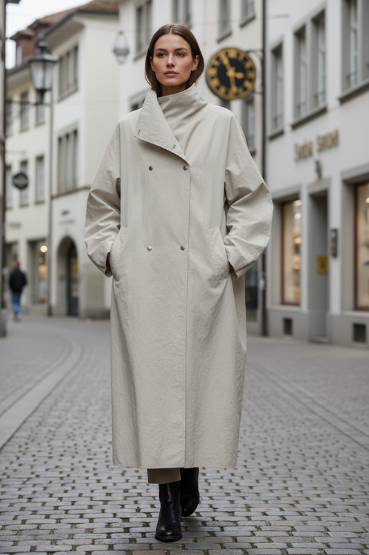 Swiss woman model wearing the pale gray asymmetric convertible-collar coat in Zurich