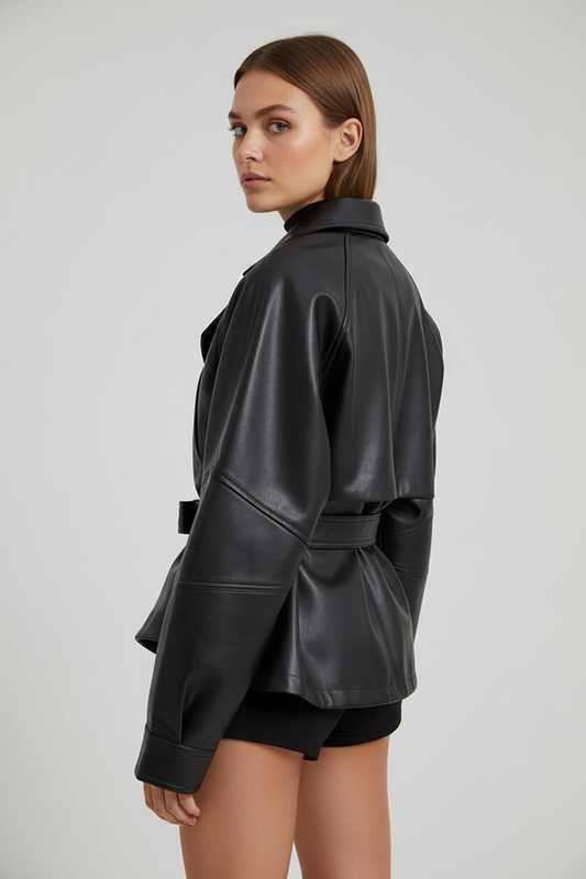 Swiss woman wearing black faux leather belted trench jacket, back and side view