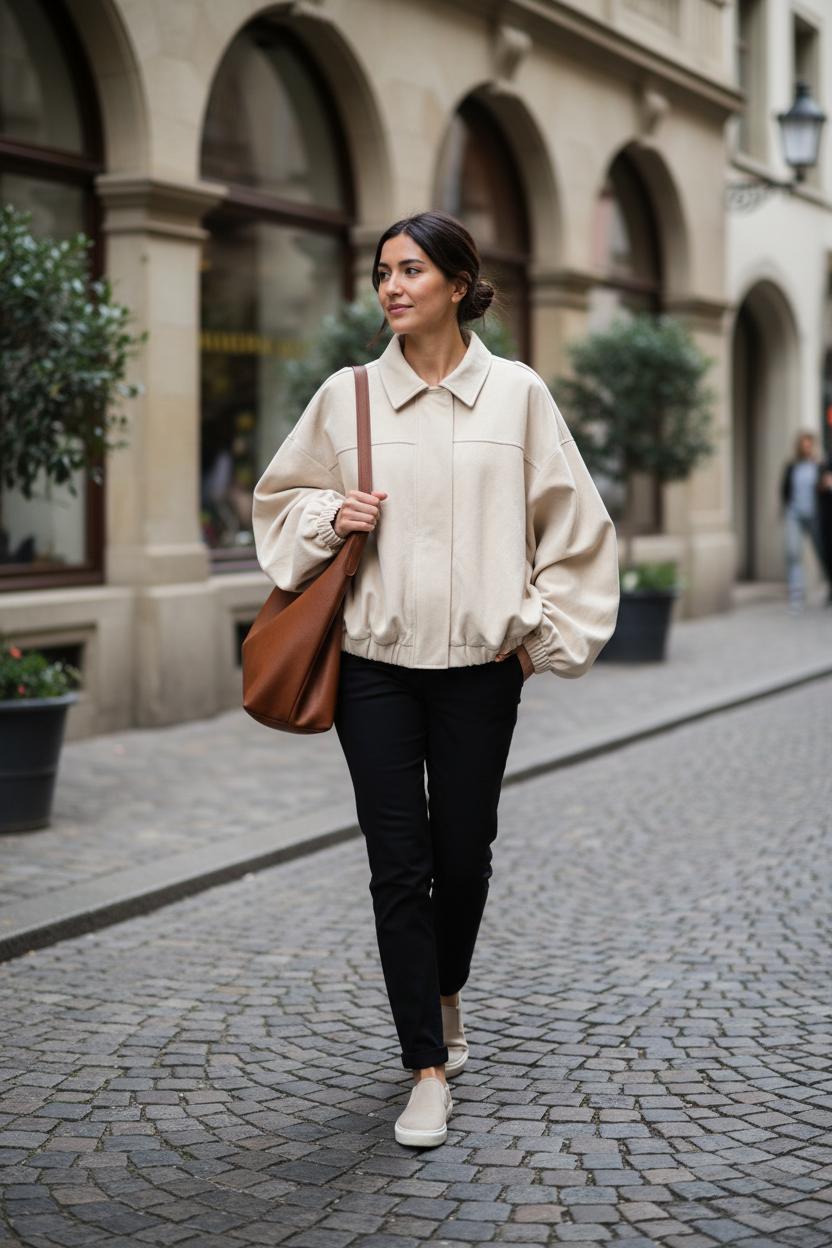 Native Swiss woman wearing the beige oversized jacket in Basel