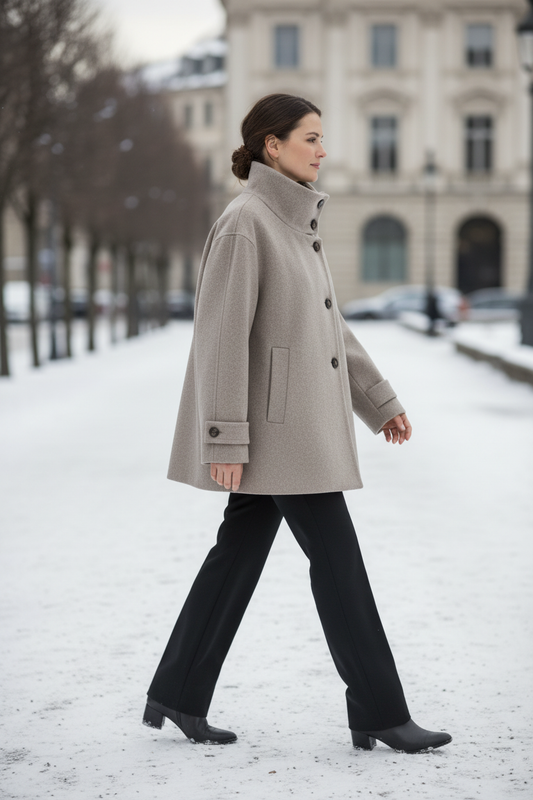 Swiss woman model wearing the beige high-collar short winter coat on a snowy Swiss promenade