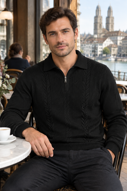 Herren-Strickpullover mit Zopfmuster und Reißverschlusskragen