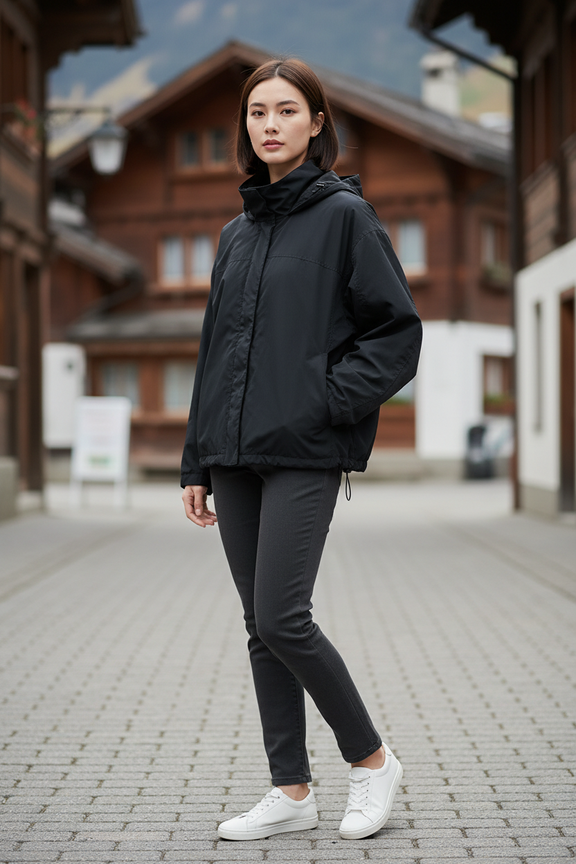 Swiss woman model wearing the black hooded nylon windbreaker in an alpine village