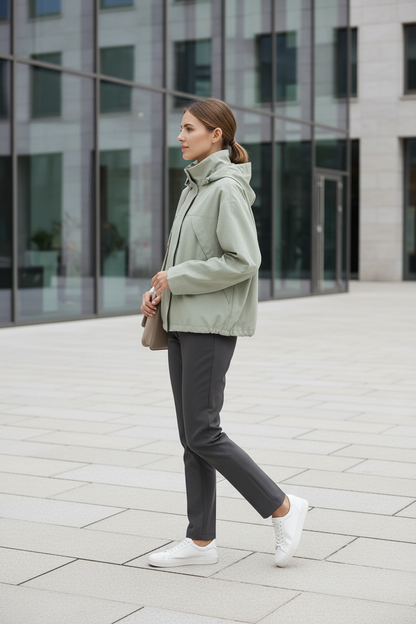 Swiss woman model wearing the sage green hooded nylon windbreaker in a modern Zurich plaza