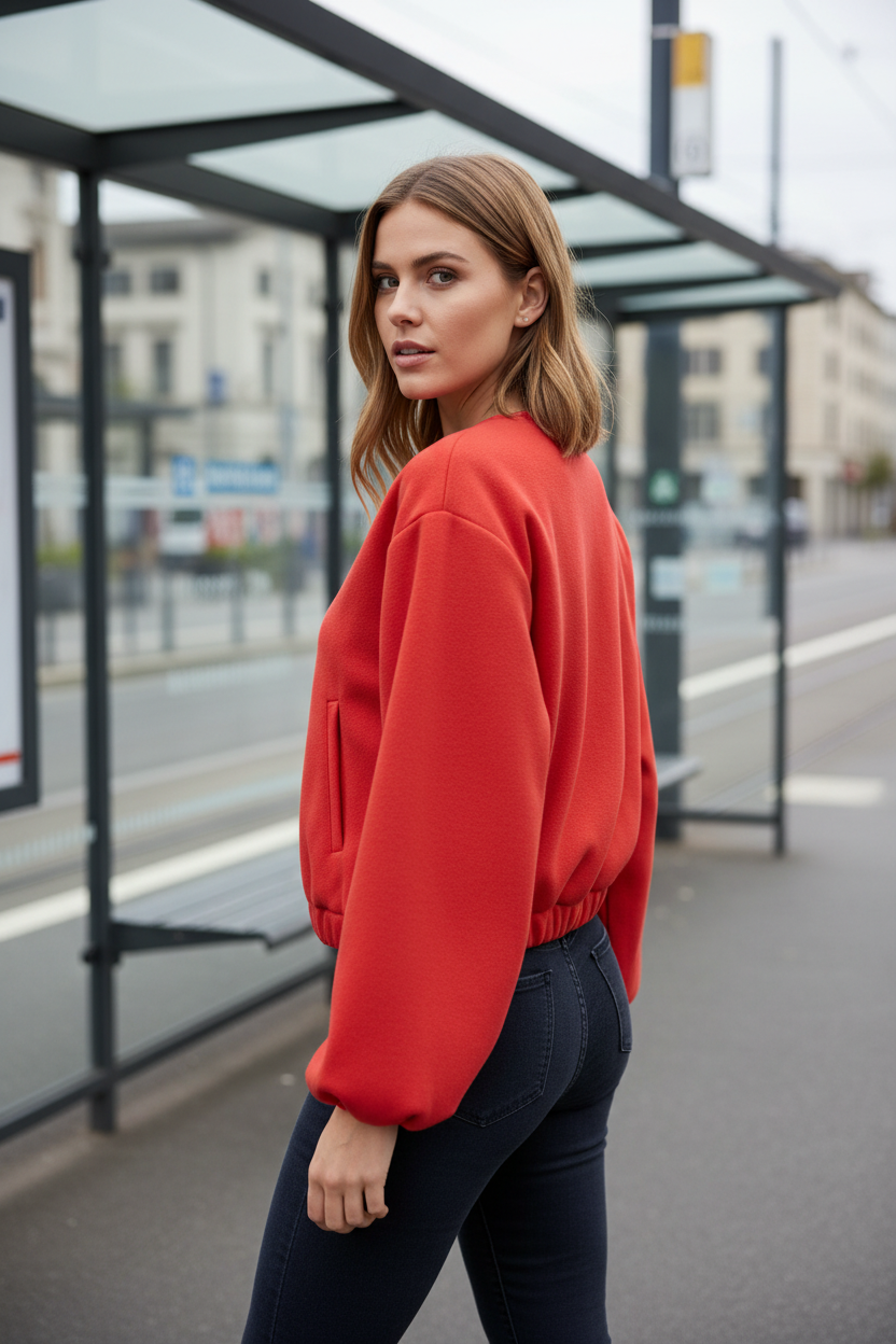Swiss woman model showing the red fleece cropped bomber jacket at a Zurich tram stop