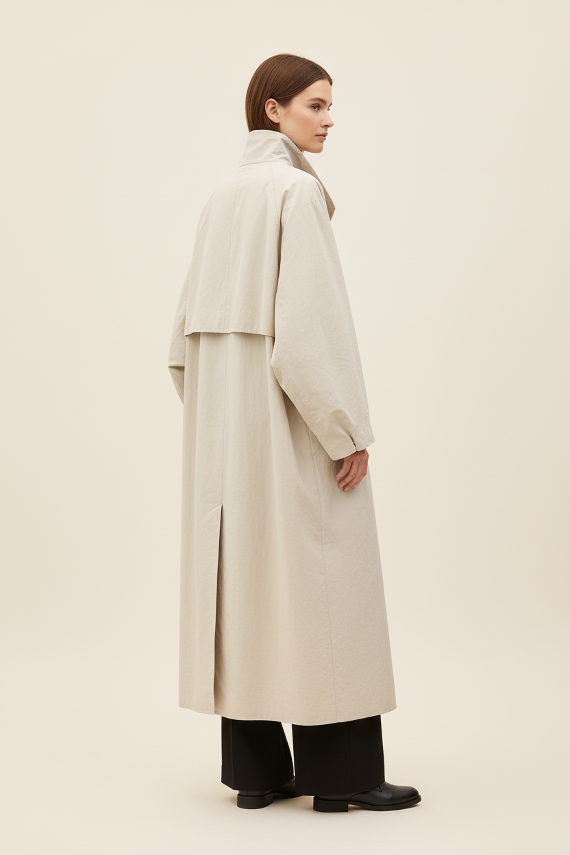 Swiss woman model showing the pale gray asymmetric convertible-collar coat in a studio