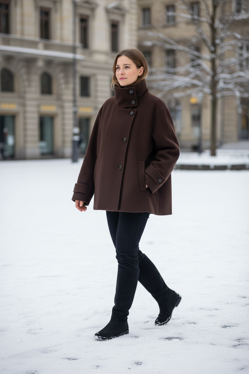 Swiss woman model wearing the brown high-collar short winter coat on a snowy Swiss promenade
