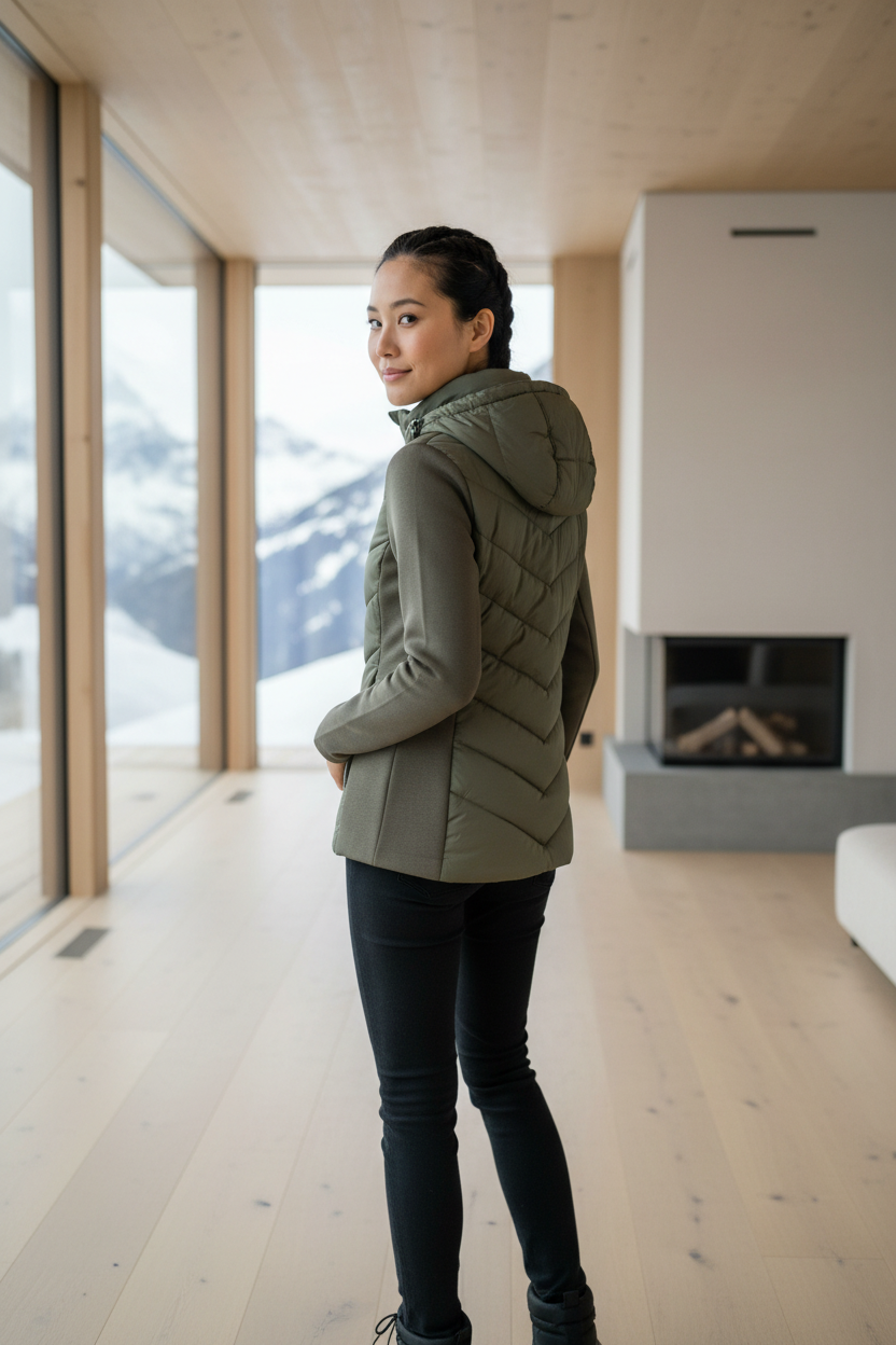 Native Swiss woman showing the green hooded hybrid jacket in an alpine lodge