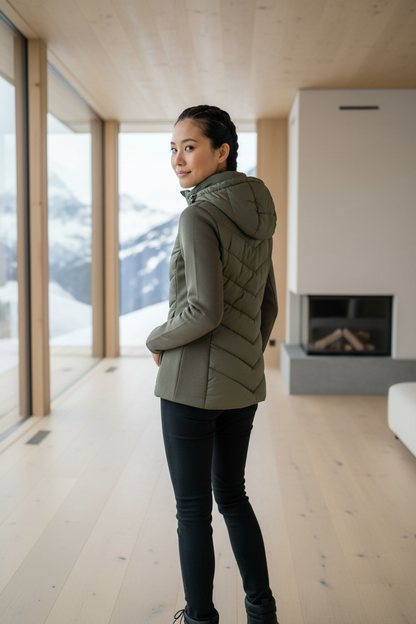 Native Swiss woman showing the green hooded hybrid jacket in an alpine lodge