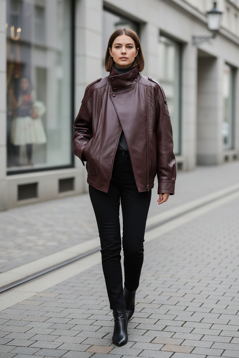 Burgundy faux leather jacket worn in a city setting