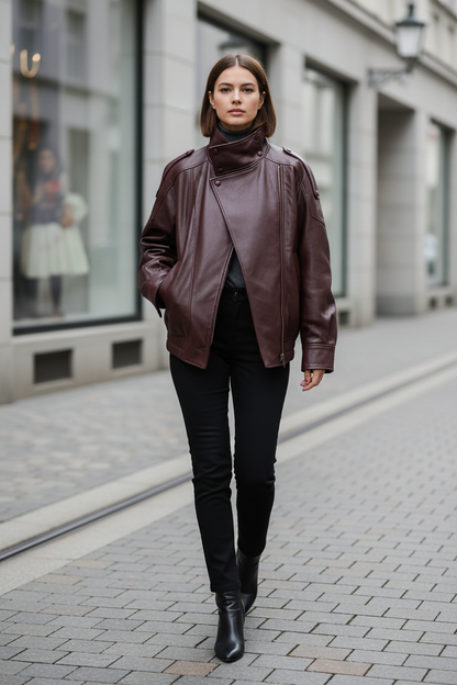Burgundy faux leather jacket worn in a city setting