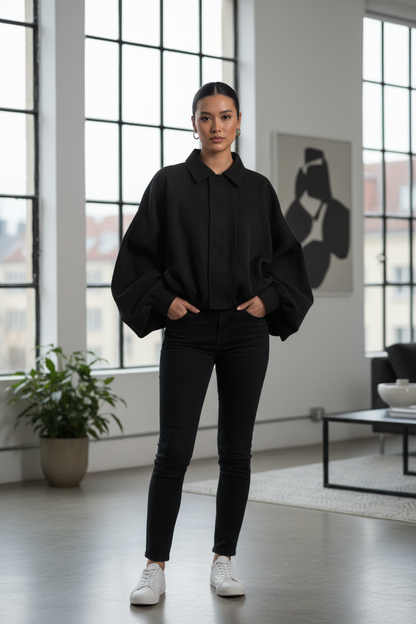 Native Swiss woman wearing the black oversized jacket in Zurich