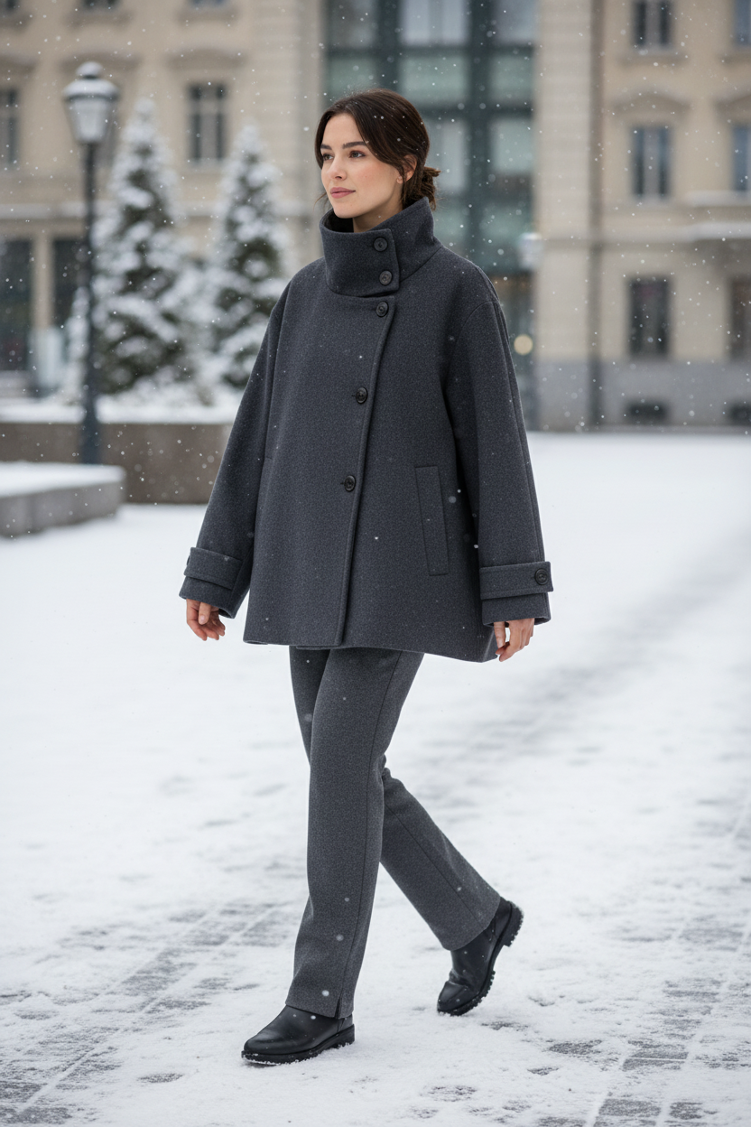 Swiss woman model wearing the dark gray high-collar short winter coat on a snowy Swiss promenade