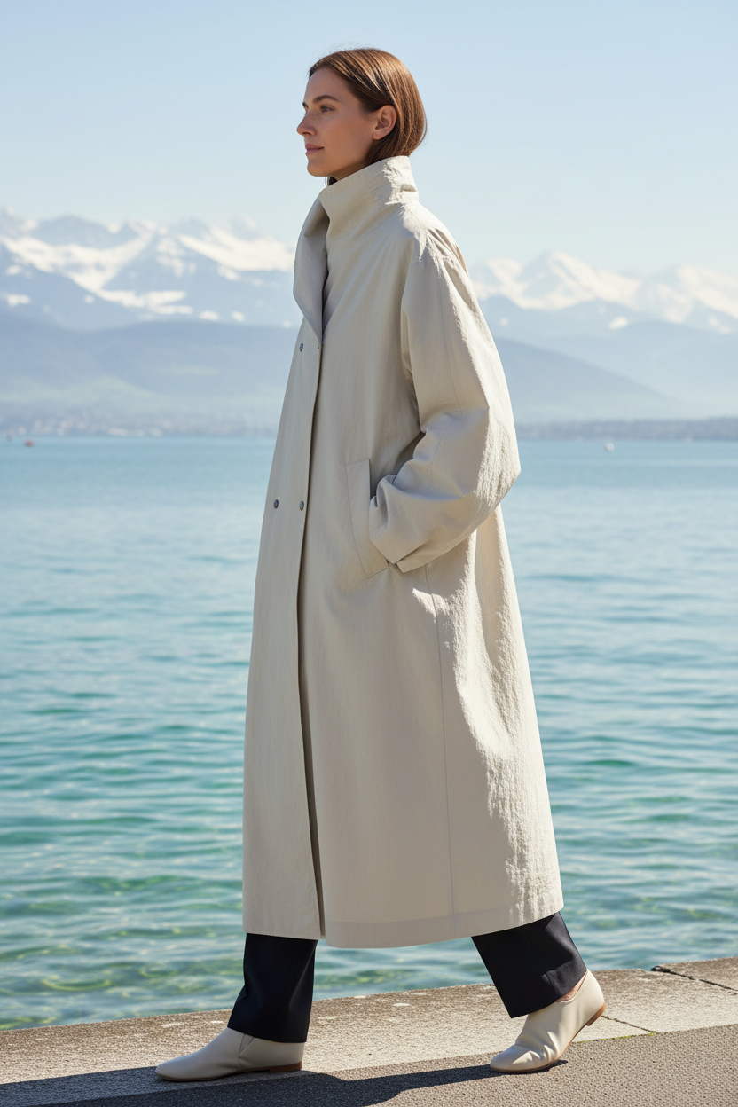 Swiss woman model wearing the pale gray asymmetric convertible-collar coat by Lake Zurich