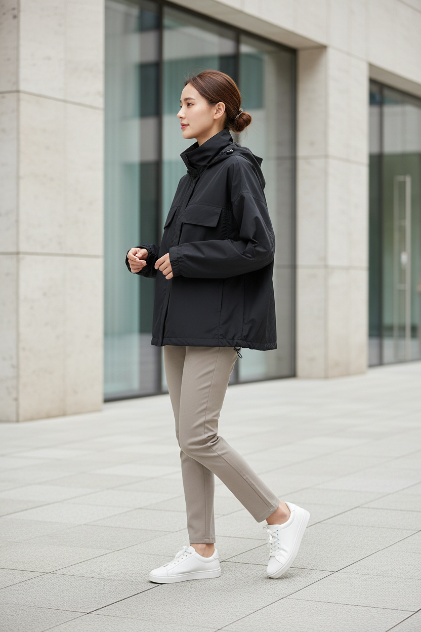 Swiss woman model wearing the black hooded nylon windbreaker in a modern Zurich plaza