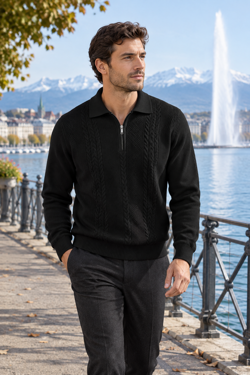 Herren-Strickpullover mit Zopfmuster und Reißverschlusskragen