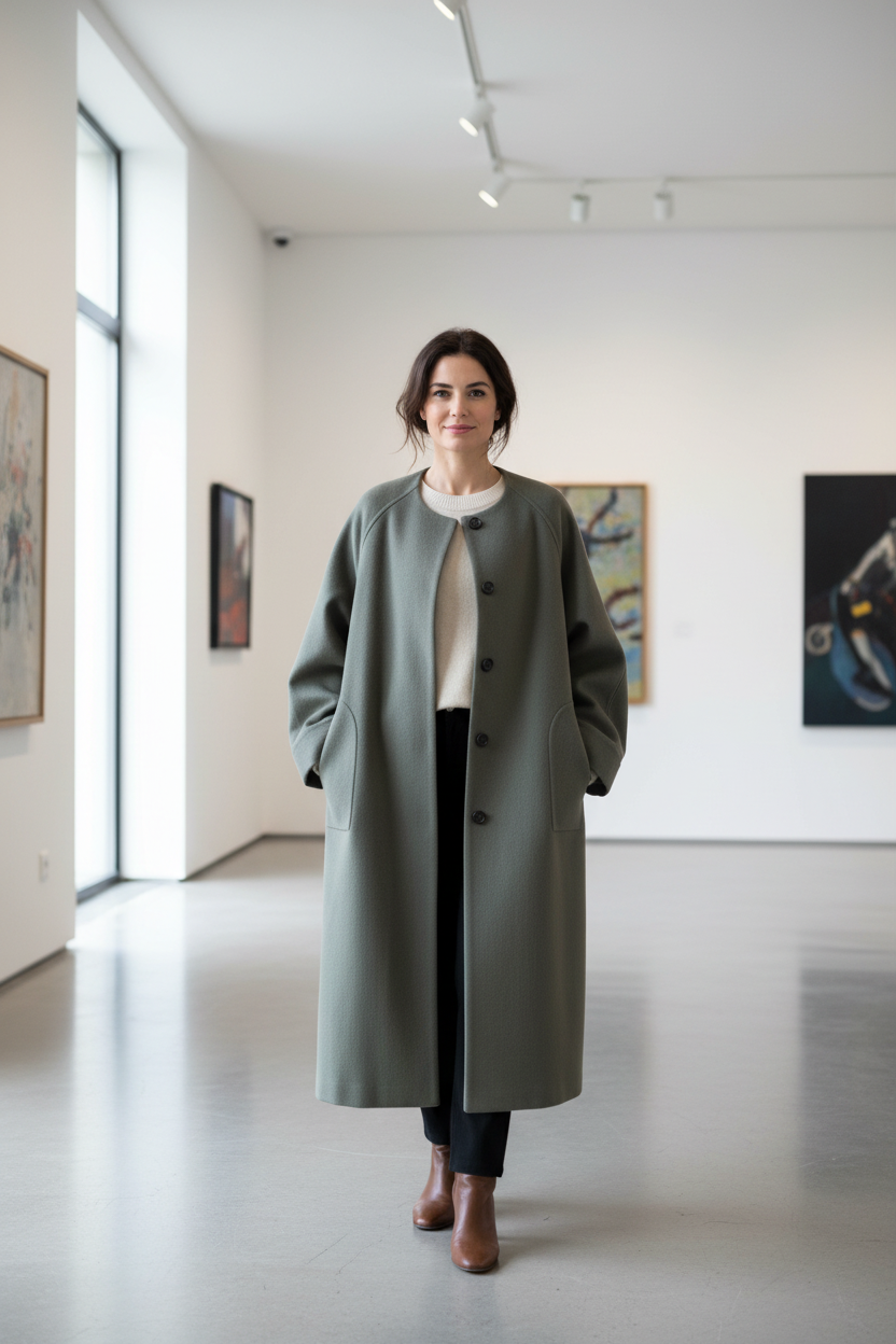 Native Swiss woman wearing gray green oversized coat