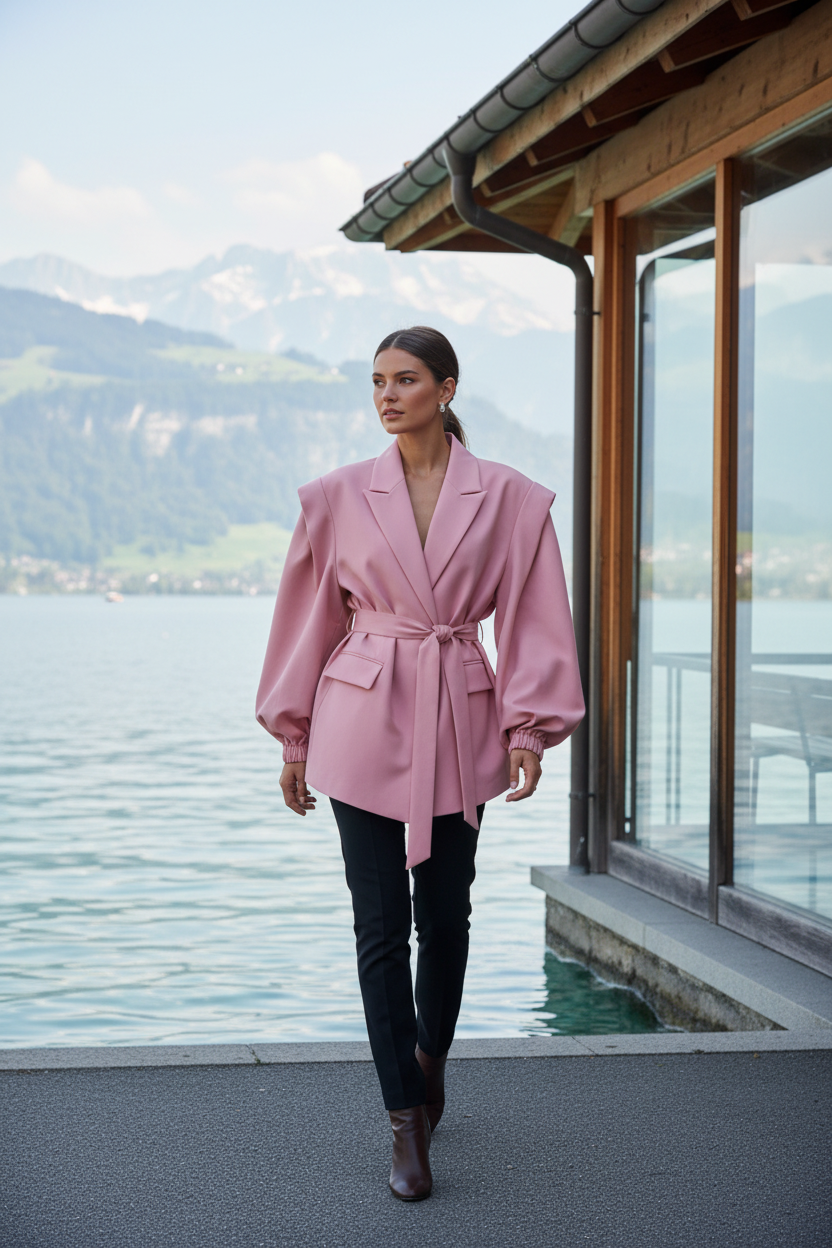 Native Swiss woman wearing the pink oversized belted blazer by a Swiss lakeside pavilion