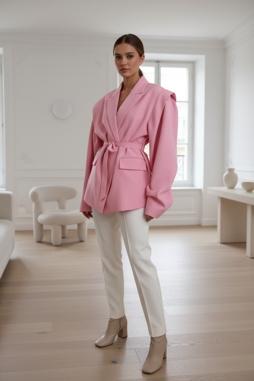 Native Swiss woman wearing the pink oversized belted blazer in a Geneva apartment