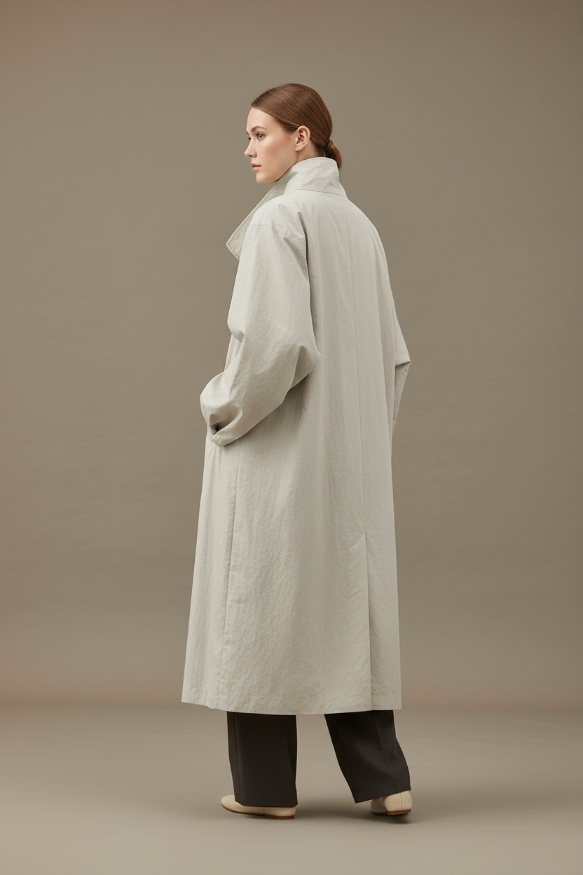 Swiss woman model showing the pale cream-beige asymmetric convertible-collar coat in a studio