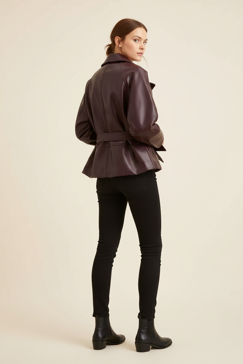 Swiss woman model showing the dark chocolate-brown belted faux-leather jacket in a studio