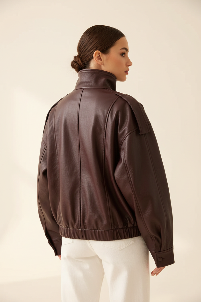 Burgundy faux leather stand-collar jacket back and side view