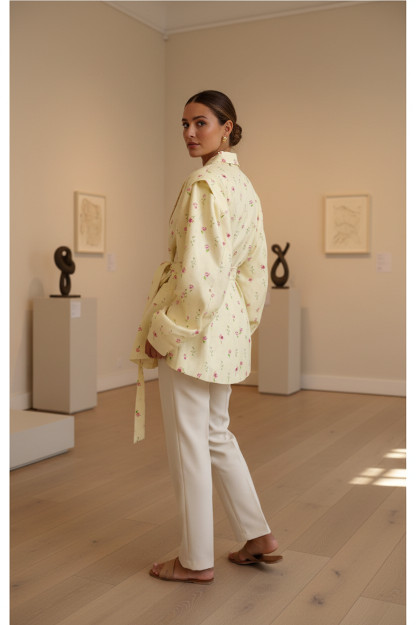 Native Swiss woman showing the floral print yellow oversized belted blazer in a Swiss design gallery