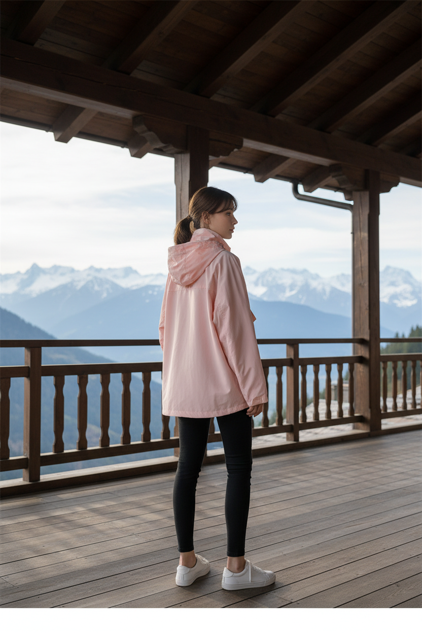 Swiss woman model showing the blush pink hooded nylon windbreaker at a mountain lodge