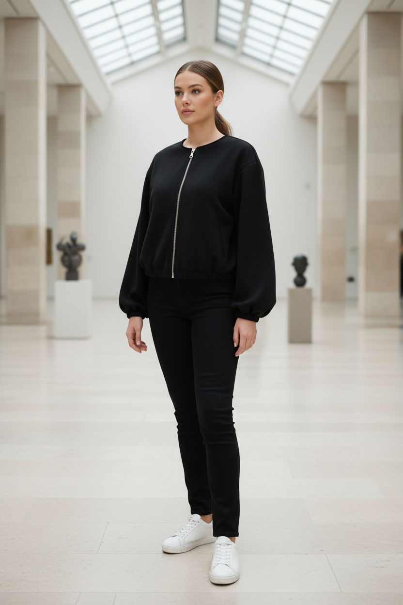 Swiss woman model wearing the black fleece cropped bomber jacket in an art gallery