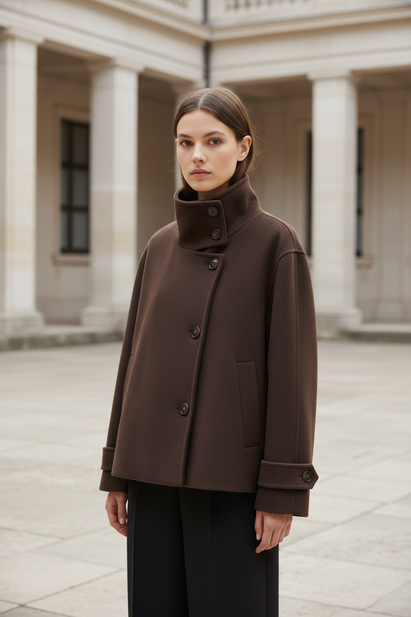 Swiss woman model wearing the brown high-collar short winter coat in a museum courtyard