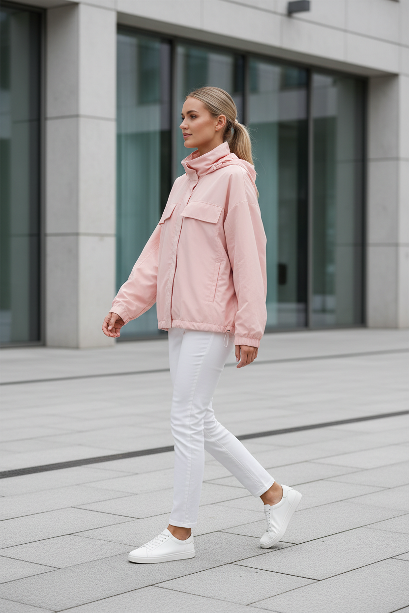 Swiss woman model wearing the blush pink hooded nylon windbreaker in a modern Zurich plaza