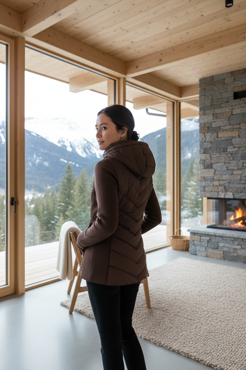 Native Swiss woman showing the brown hooded hybrid jacket in an alpine lodge