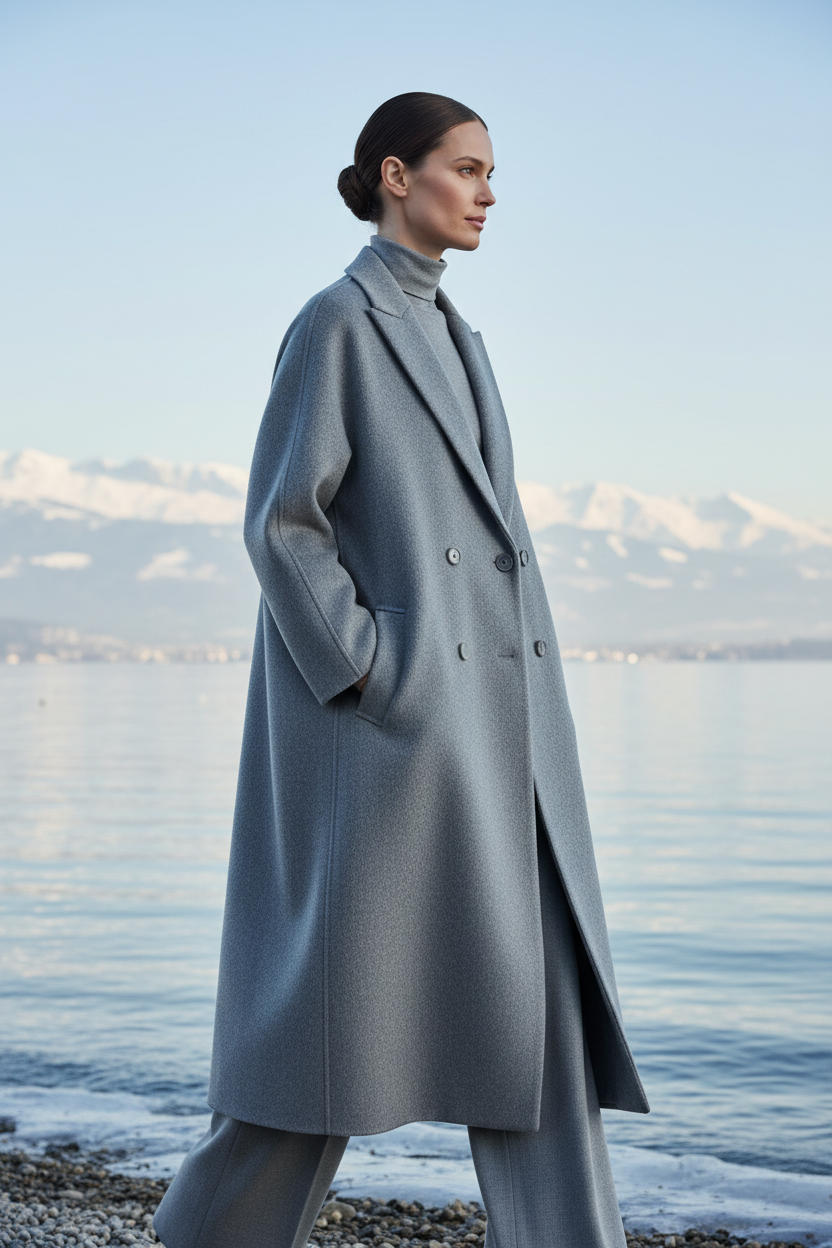 Swiss woman model wearing the gray wool blend double-breasted coat by Lake Zurich