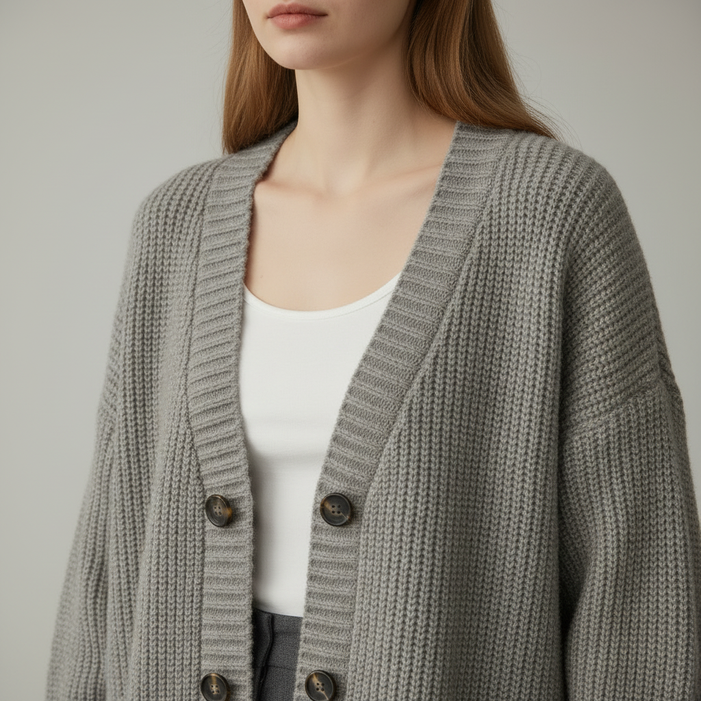 Gray loose knit cardigan sweater, close-up of knit texture and V-neckline