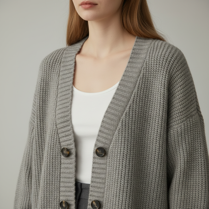 Gray loose knit cardigan sweater, close-up of knit texture and V-neckline