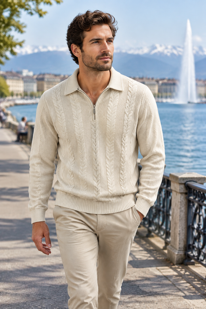Herren-Strickpullover mit Zopfmuster und Reißverschlusskragen