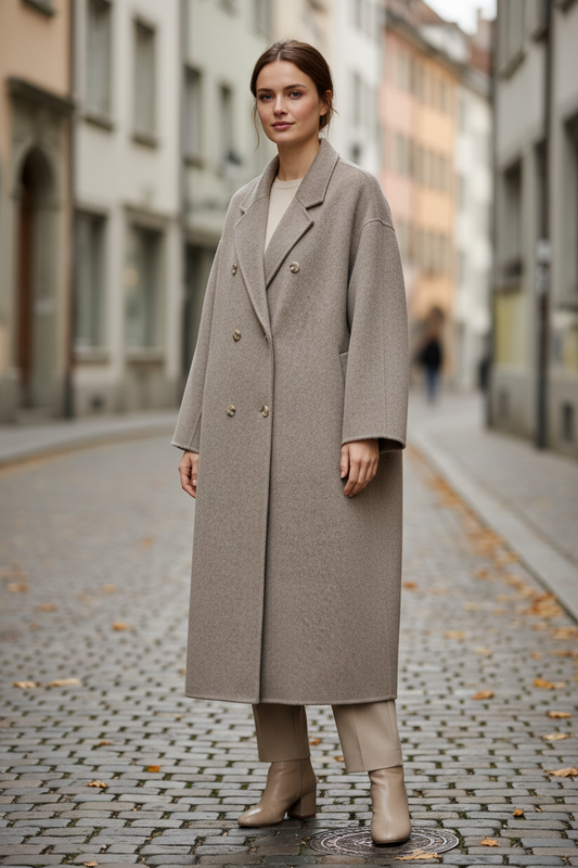 Swiss woman model wearing the light taupe coffee wool blend double-breasted coat in Zurich
