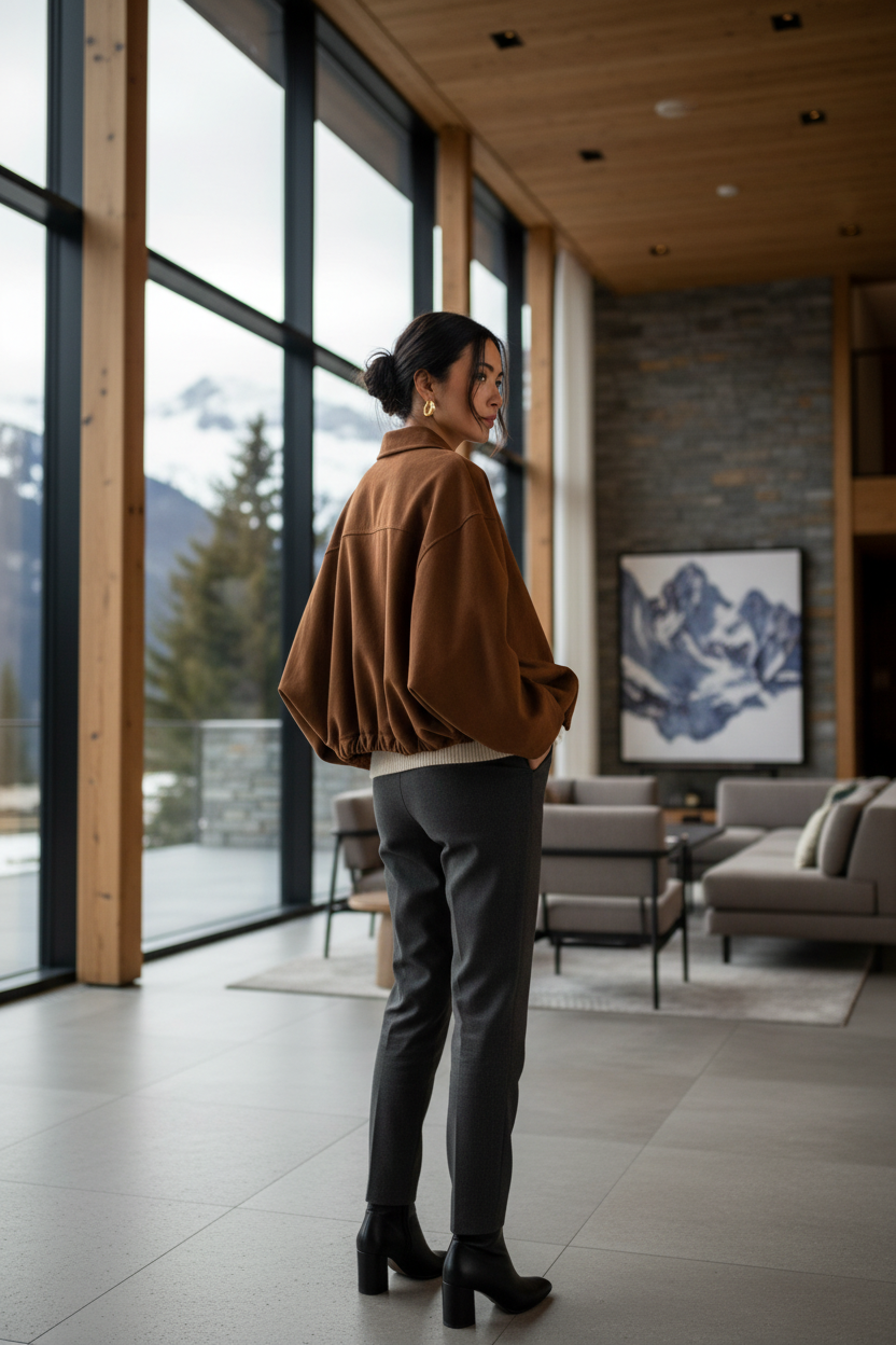 Native Swiss woman showing the brown oversized jacket in a Swiss alpine hotel