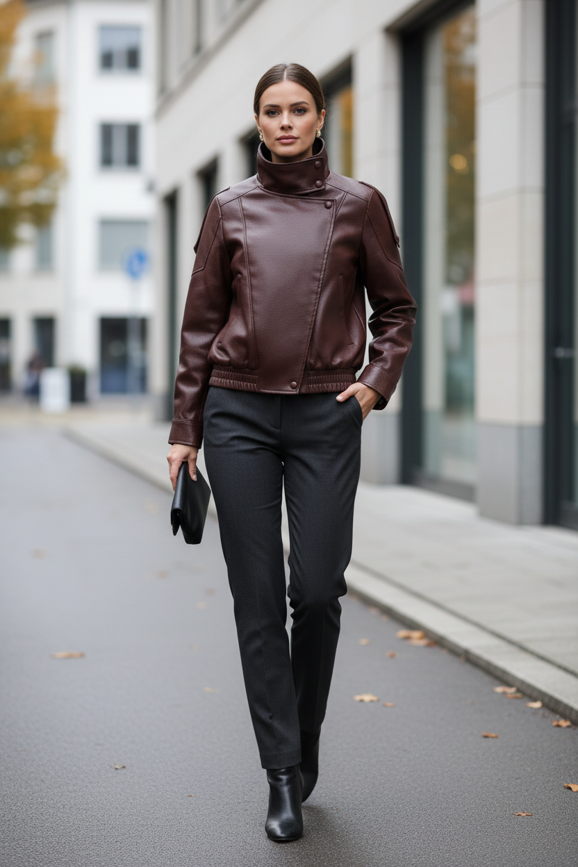 Brown faux leather jacket worn in a city setting